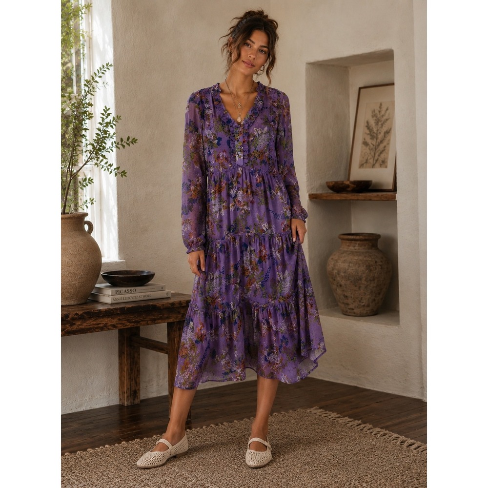Laura Ashley Purple Floral Tiered Midi Dress